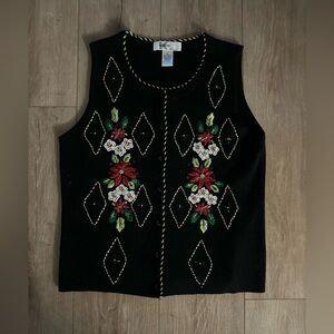 Kikit Christmas Poinsettia & Flowers Sweater Vest ~Womens M~‎ Beads Jewels